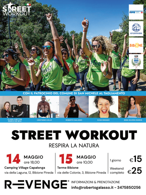 Locandina ufficiale dell'evento Street Workout con l'elenco degli allenatori